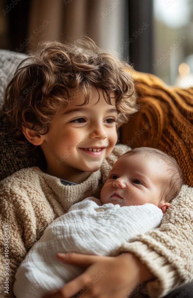 A Happy Boy Holding His Newborn Baby Brother at Home A Happy Boy Holding His Newborn Baby Brother at Home