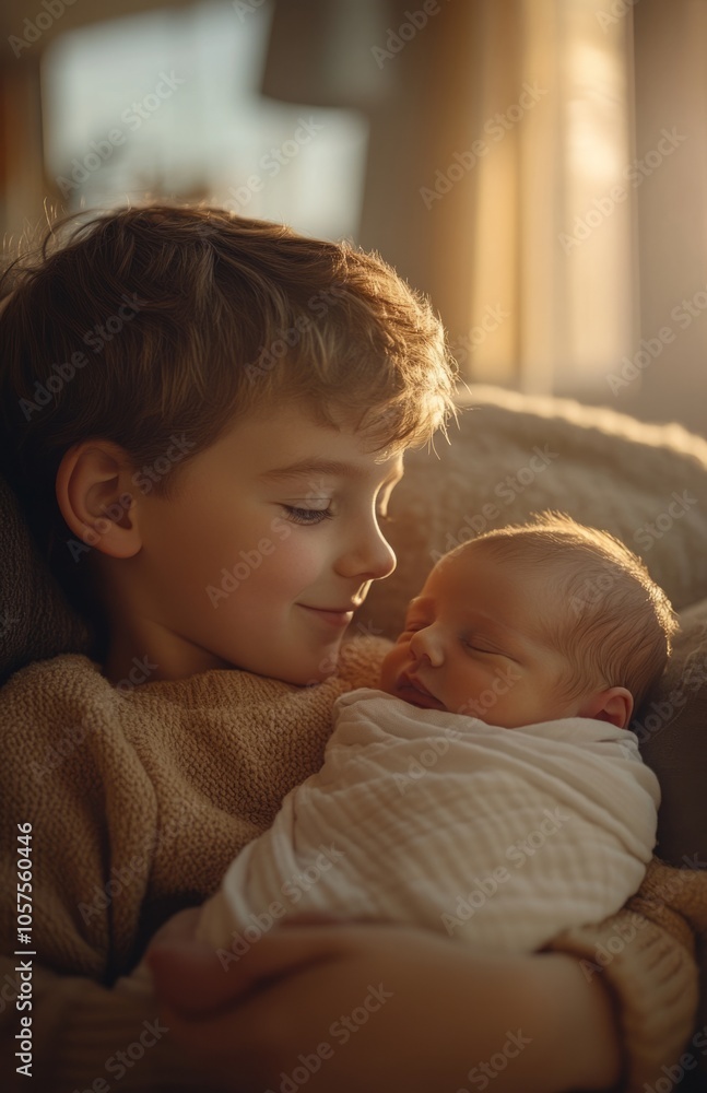 A Happy Boy Holding His Newborn Baby Brother at Home A Happy Boy Holding His Newborn Baby Brother at Home
