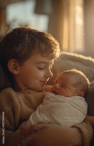 A Happy Boy Holding His Newborn Baby Brother at Home