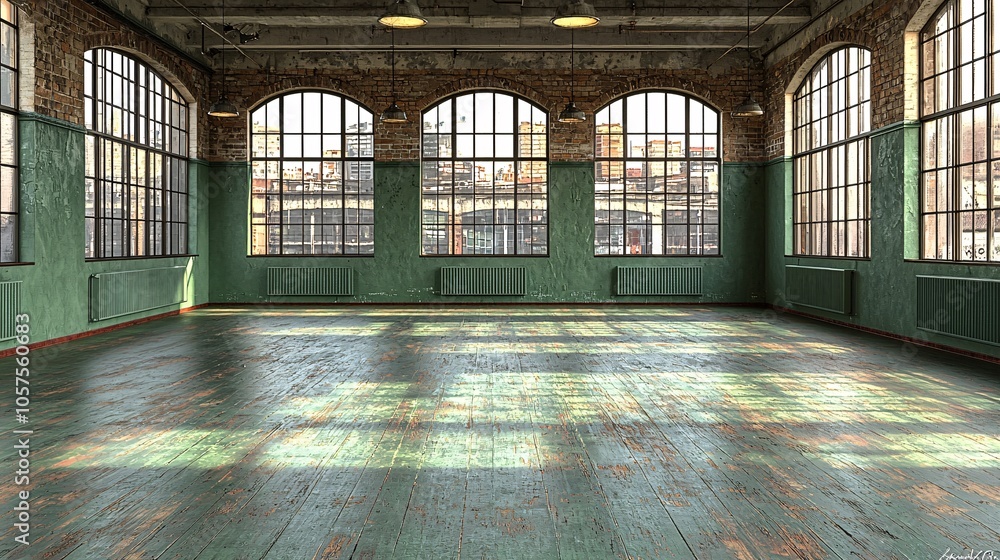 Empty Industrial Loft Space with Large Windows and Green Walls Empty Industrial Loft Space with Large Windows and Green Walls