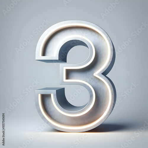 3d silver neon 3 number isolated