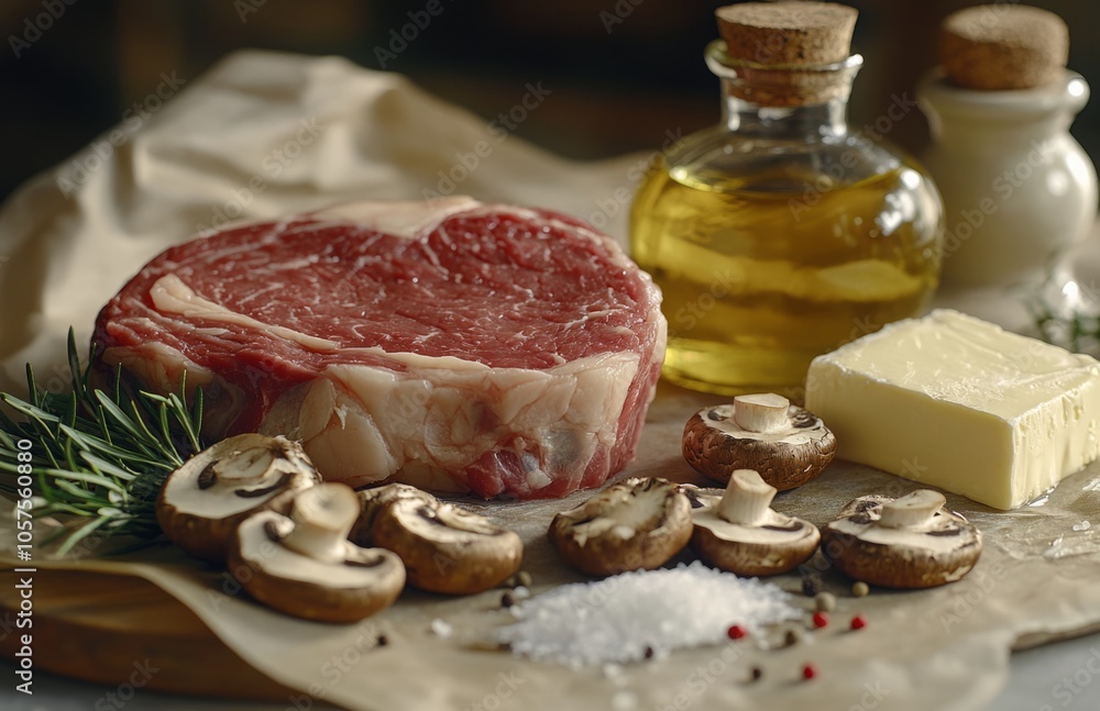 Delicious Ribeye Steak with Mushrooms and Cheese on Elegant Table Delicious Ribeye Steak with Mushrooms and Cheese on Elegant Table