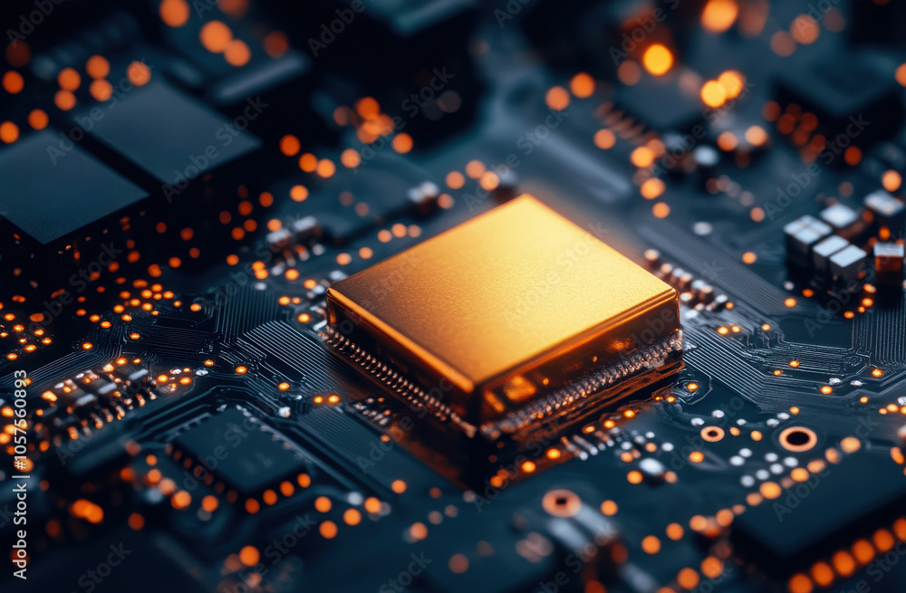 Golden circuit board with intricate details and glowing elements Golden circuit board with intricate details and glowing elements