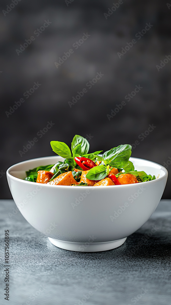Aesthetic presentation of massaman curry in a contemporary white bowl with fresh herbs and vibrant ingredients Aesthetic presentation of massaman curry in a contemporary white bowl with fresh herbs and vibrant ingredients