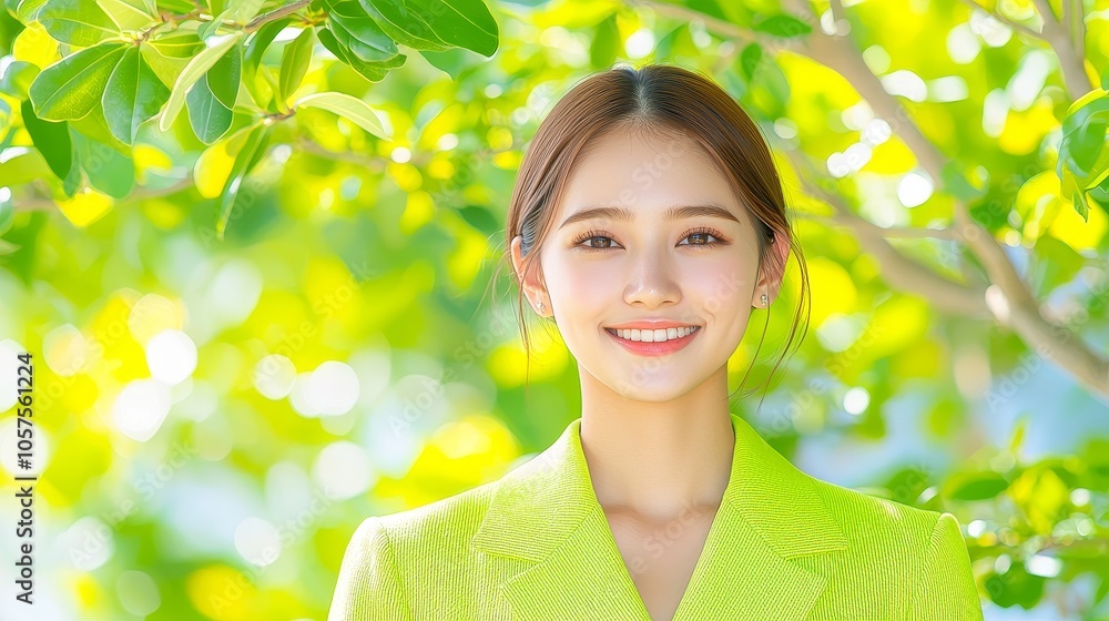 A joyful portrait of a young woman radiating positivity amidst lush greenery in nature's embrace perfect for lifestyle and wellness themes A joyful portrait of a young woman radiating positivity amidst lush greenery in nature's embrace perfect for lifestyle and wellness themes