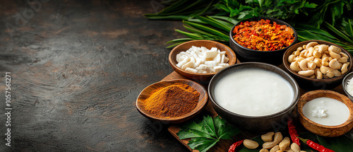 A rich array of massaman curry ingredients artfully arranged on a rustic wooden table