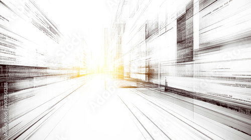 A high-speed abstract rendering of an urban environment with blurred lines and a bright light source, evoking themes of futuristic cities, progress, and movement