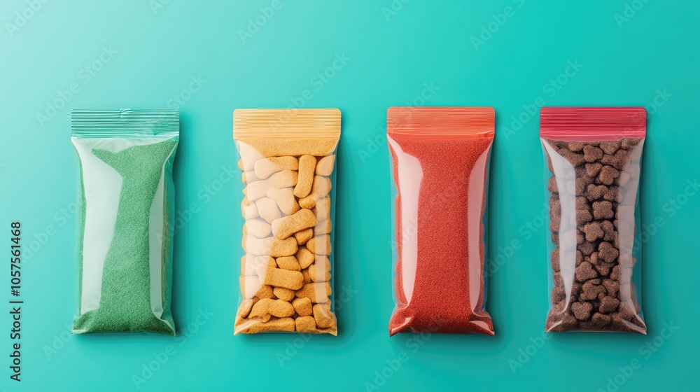 Colorful snacks in transparent packaging on a turquoise background. Colorful snacks in transparent packaging on a turquoise background.
