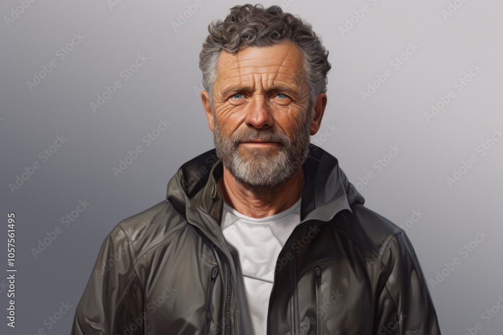 Portrait of a jovial man in his 50s dressed in a water-resistant gilet in plain white digital canvas Portrait of a jovial man in his 50s dressed in a water-resistant gilet in plain white digital canvas