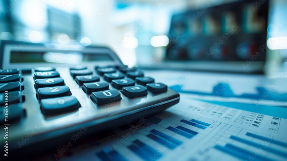 Calculator on Financial Documents in Blue Tones Calculator on Financial Documents in Blue Tones