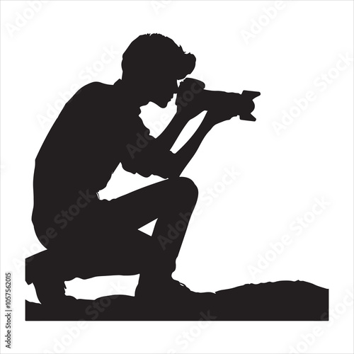 ilhouette of a photographer taking a shot on a white background 