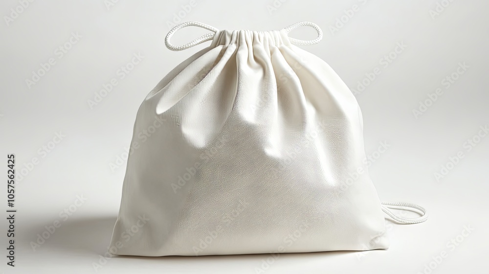 white drawstring bag isolated on a white background. Cloth bag with white drawstring to tie it up white drawstring bag isolated on a white background. Cloth bag with white drawstring to tie it up
