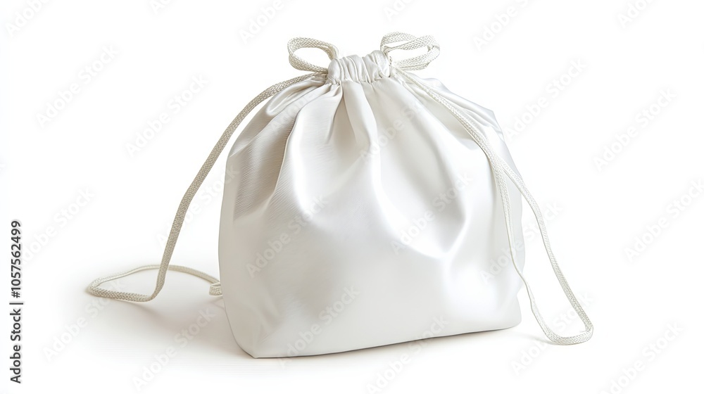 white drawstring bag isolated on a white background. Cloth bag with white drawstring to tie it up white drawstring bag isolated on a white background. Cloth bag with white drawstring to tie it up
