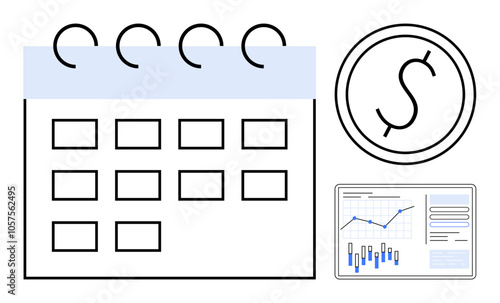 Calendar with spiral binding, dollar symbol in circle, and data analytics chart with graphs and bar graphs. Ideal for business strategy, financial planning, scheduling, budgeting, analytics, time