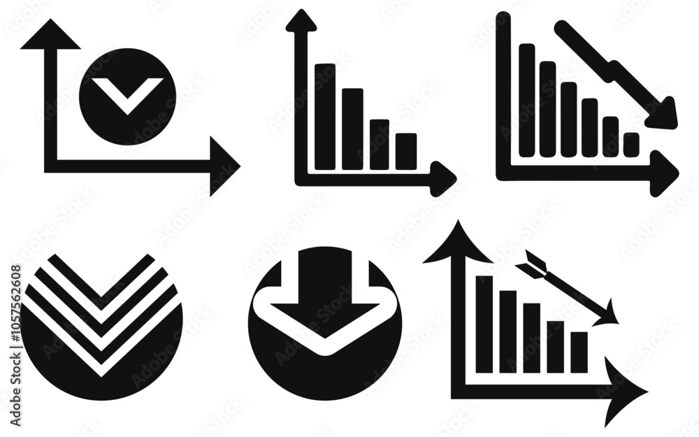 Chart Arrow Down Black Vector Icon Set on white isolated background