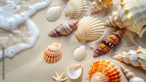 Detailed close-up of an assortment of sea shells with varying colors and shapes positioned on a smooth, light-colored sand surface, showcasing their natural beauty