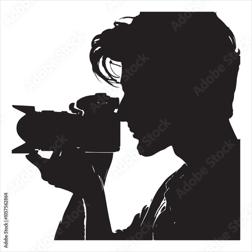 ilhouette of a photographer taking a shot on a white background 