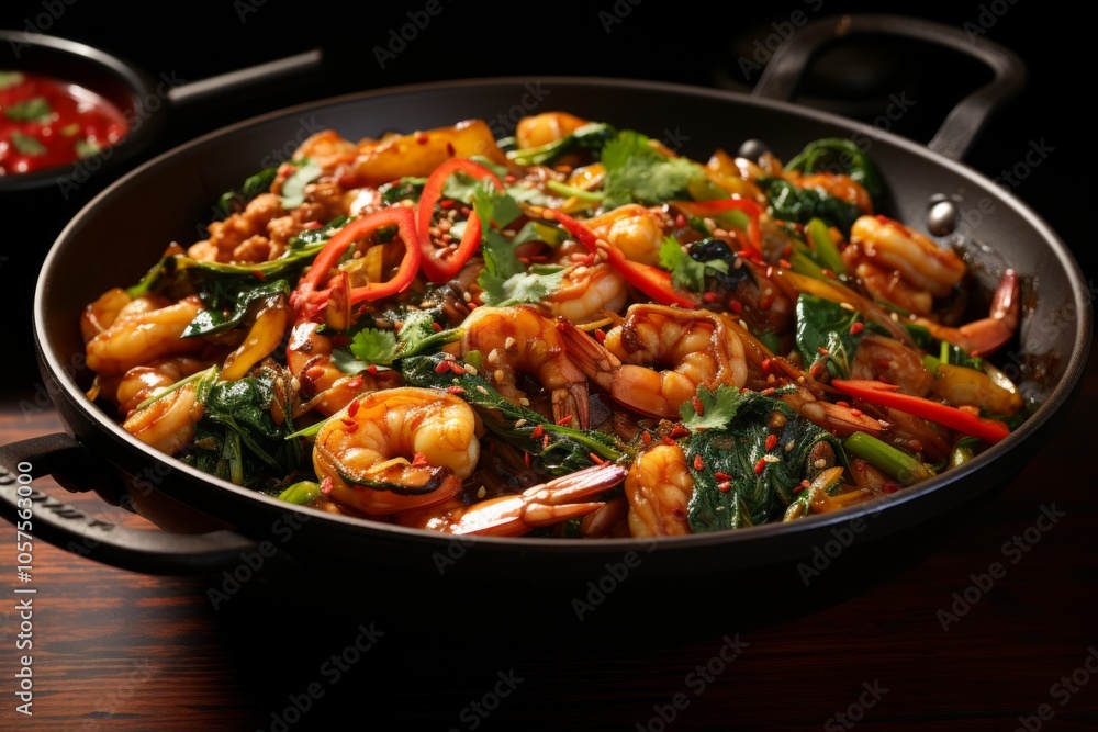 A sizzling pan of spicy shrimp with fresh herbs, peppers, and greens, showcasing vibrant colors and rich textures for culinary photography. A sizzling pan of spicy shrimp with fresh herbs, peppers, and greens, showcasing vibrant colors and rich textures for culinary photography.