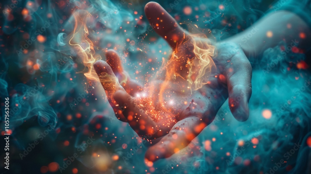 Hands Holding Enchanted Flames with Fiery Sparks Hands Holding Enchanted Flames with Fiery Sparks