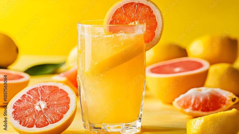 A grapefruit drink with ice, garnished with a grapefruit slice, set against a bright background for a fresh, vibrant look A grapefruit drink with ice, garnished with a grapefruit slice, set against a bright background for a fresh, vibrant look
