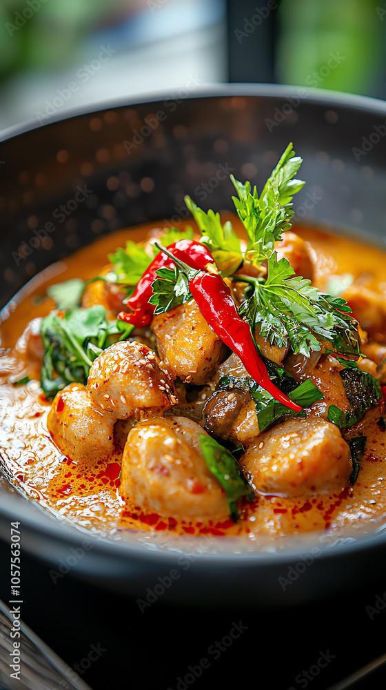 Delicious massaman curry a spicy thai delight garnished with fresh herbs and red chili for an irresistible flavor journey Delicious massaman curry a spicy thai delight garnished with fresh herbs and red chili for an irresistible flavor journey