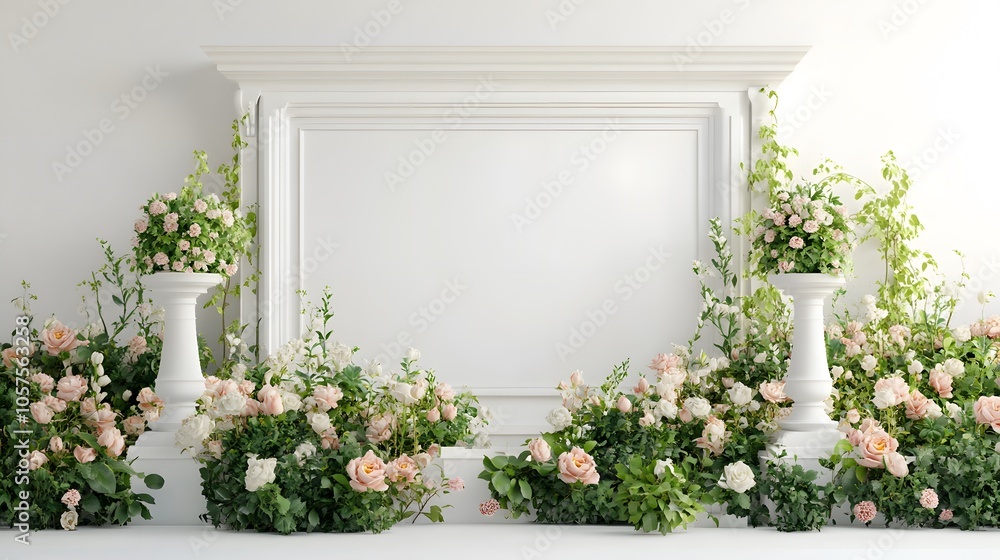 
3d realistic white display on flower garden, white background