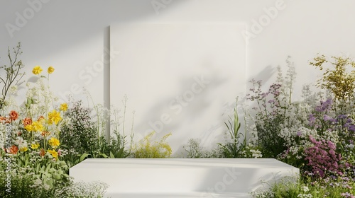 
3d realistic white display on flower garden, white background