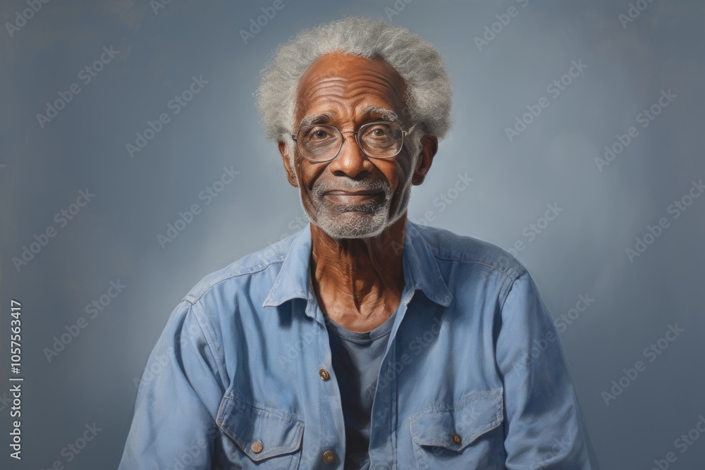 Portrait of a tender afro-american elderly man in his 90s sporting a versatile denim shirt over plain white digital canvas Portrait of a tender afro-american elderly man in his 90s sporting a versatile denim shirt over plain white digital canvas
