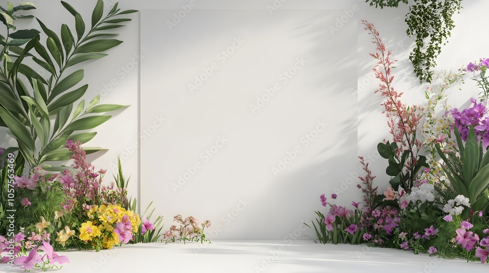 Fototapeta premium 3d realistic white display on flower garden, white background