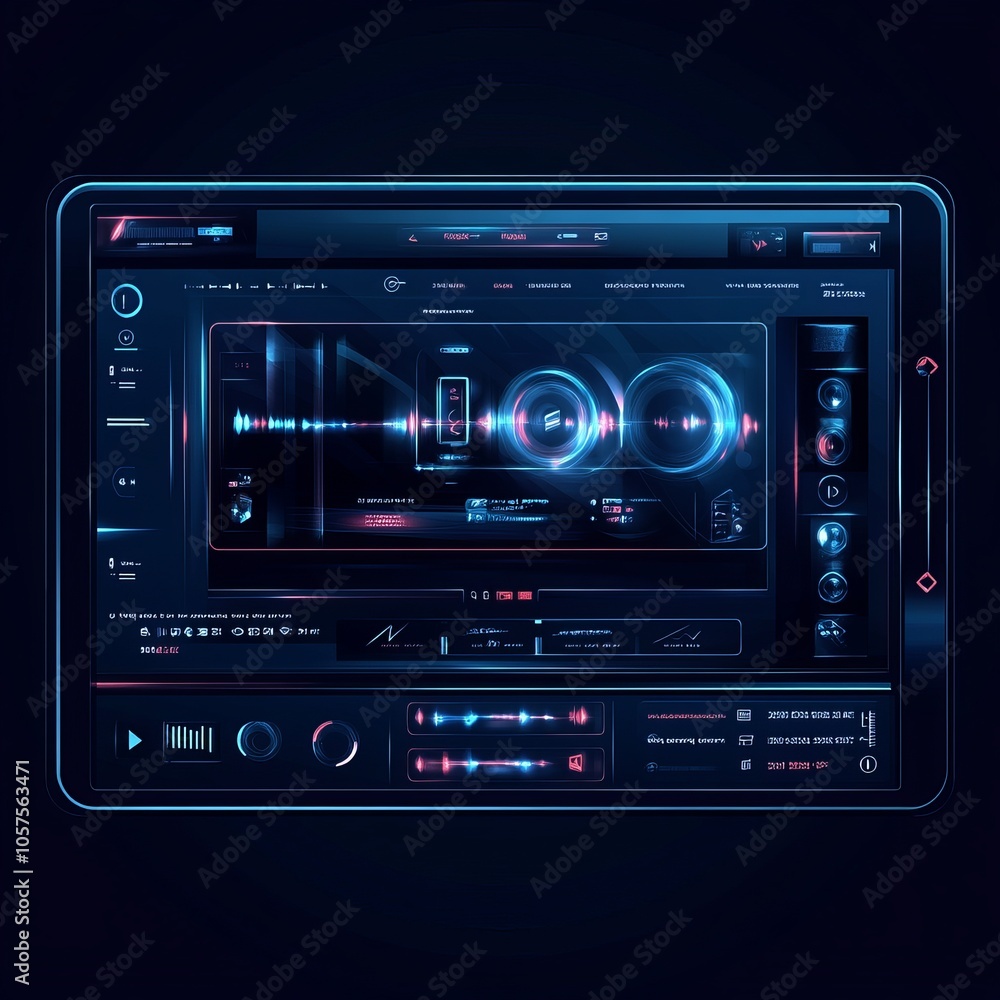 Dark, glossy transparent video player interface, showing a live audio control panel and video display overlay. Vector layout for web streaming or online media, a screen with a clear, layered interface Dark, glossy transparent video player interface, showing a live audio control panel and video display overlay. Vector layout for web streaming or online media, a screen with a clear, layered interface