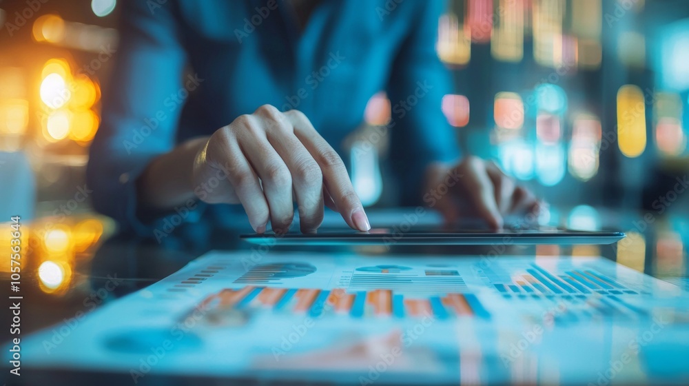 Hand Pointing on a Tablet with Financial Graphs Hand Pointing on a Tablet with Financial Graphs