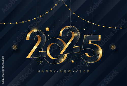 Happy New Year 2025 gold numbers typography greeting card design on dark background. Merry Christmas invitation poster with golden decoration elements.