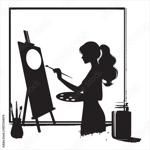 Minimalist silhouette of a painter creating art on a canvas on a white background 