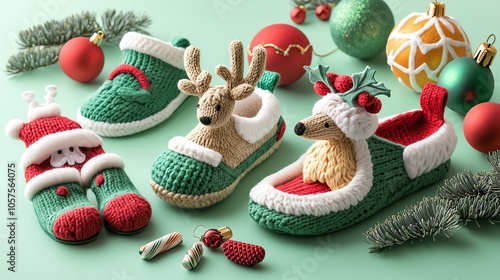 Christmas slippers shaped like reindeer and elves, surrounded by holiday ornaments photo