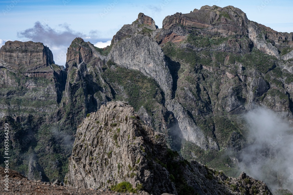 Rugged peaks at the high altitude hiking destination of Pico do Areeiro on the island of Madeira, Portugal; Sao Roque do Faial, Madeira, Portugal Rugged peaks at the high altitude hiking destination of Pico do Areeiro on the island of Madeira, Portugal; Sao Roque do Faial, Madeira, Portugal