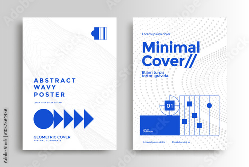 Minimalist abstract cover design featuring geometric shapes, blue accents, and dotted patterns on white background, ideal for modern corporate posters and creative layouts