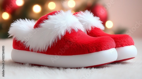 Closeup of fluffy Santathemed slippers, warm and cozy for the holiday morning photo