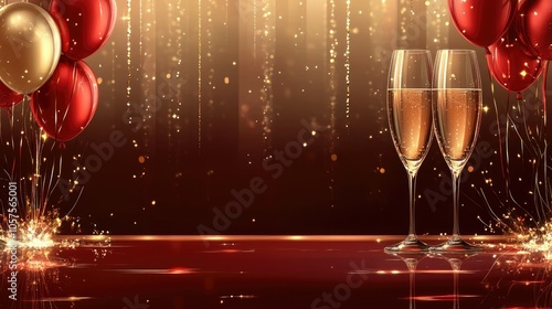 Festive gold and red New Year 2025 background with champagne flutes, balloons, and shimmering lights for an elegant scene.