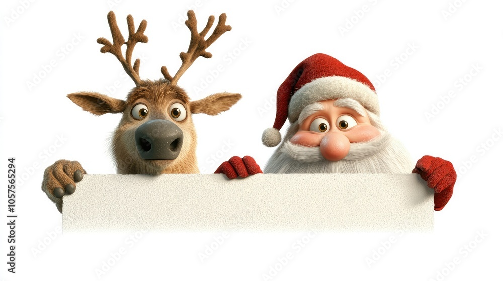 Festive Santa and reindeer peeking over an empty sign, both wearing cheerful expressions, perfect for holiday greetings on white Festive Santa and reindeer peeking over an empty sign, both wearing cheerful expressions, perfect for holiday greetings on white