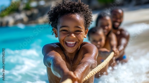 Joyful family beach day fun in the water with kids and laughter