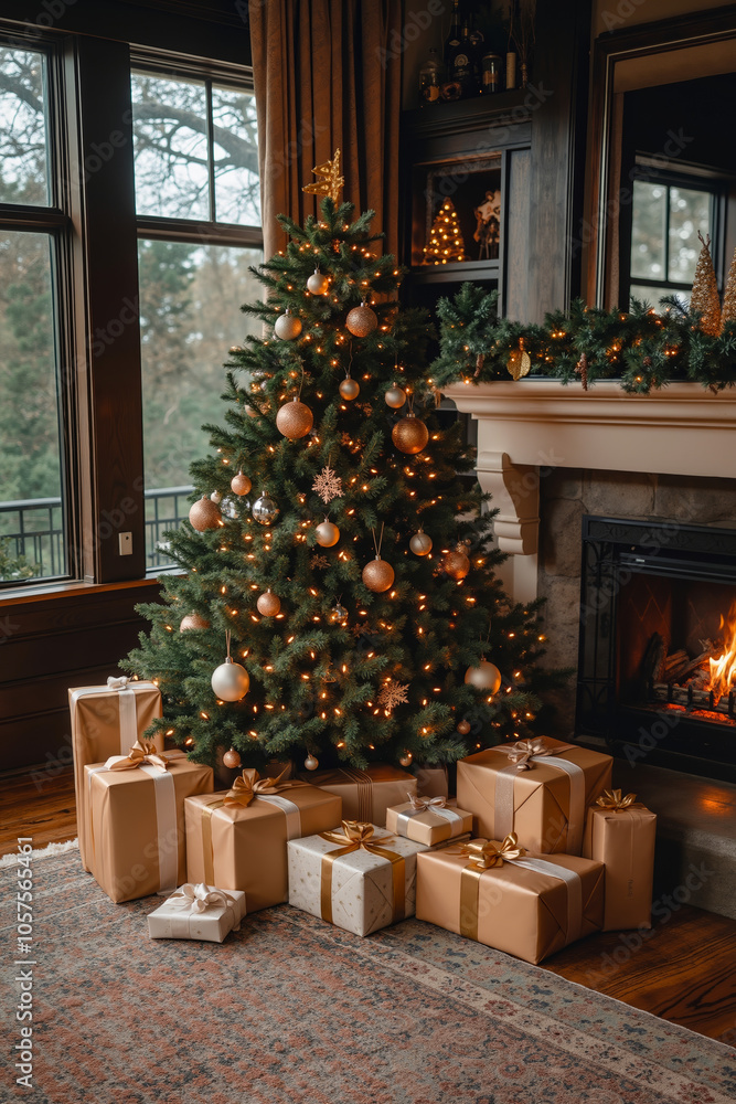 A Christmas tree with gold ornaments and lights, surrounded by wrapped presents, in front of a fireplace A Christmas tree with gold ornaments and lights, surrounded by wrapped presents, in front of a fireplace