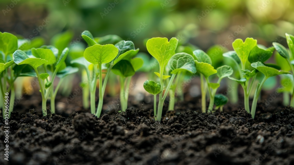 Freshly sprouted seedlings breaking through the soil, showcasing their delicate, bright green leaves and the surrounding dark soil texture. Close-up photo with clean background Freshly sprouted seedlings breaking through the soil, showcasing their delicate, bright green leaves and the surrounding dark soil texture. Close-up photo with clean background