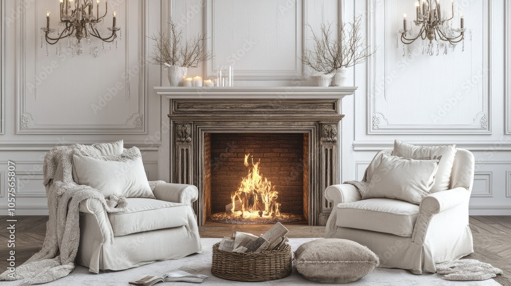 Fototapeta premium French country living room with two rustic chairs and a cozy sofa near a fireplace, styled with light colors and elegant details on white background