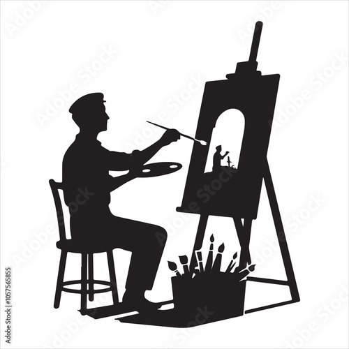 Minimalist silhouette of a painter creating art on a canvas on a white background 