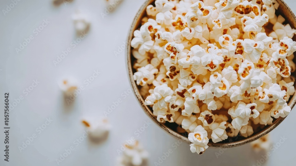 Freshly popped popcorn spilling out of a bowl on a white background, showing its fluffy texture and golden color Freshly popped popcorn spilling out of a bowl on a white background, showing its fluffy texture and golden color