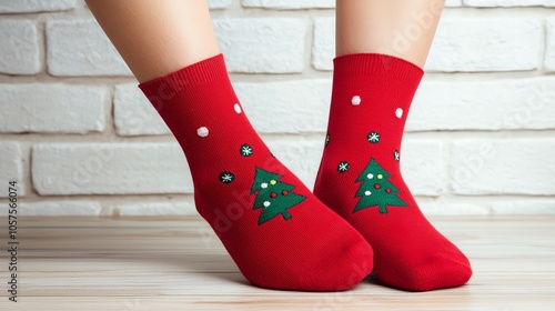 Festive red socks with green Christmas tree embroidery and tiny ornaments photo