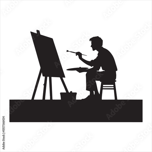 Minimalist silhouette of a painter creating art on a canvas on a white background 