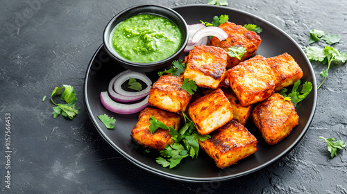 Crispy paneer pakora served with green chutney and garnished with onions