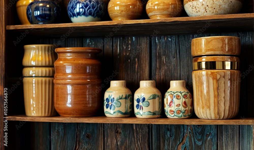 A wooden shelf with various decorative jars and vases and shelf is made of dark wood and has a rustic design. A wooden shelf with various decorative jars and vases and shelf is made of dark wood and has a rustic design.