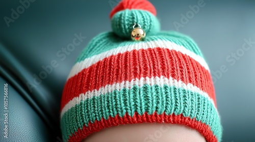 Green and red striped Christmas beanie with a jingle bell on top, fun and festive photo